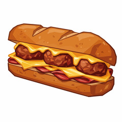 Delicious meatball sub sandwich with melted cheese, in cartoonish graphic style
