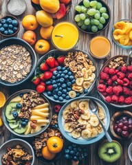 Overhead of colorful breakfast bowls with fresh fruit granola and juice on rustic wooden table healthy eating lifestyle