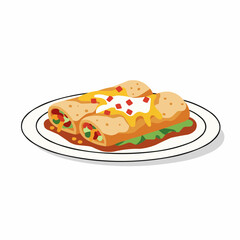 Rolled enchiladas with cheese, sour cream, and salsa on a plate, simple illustration