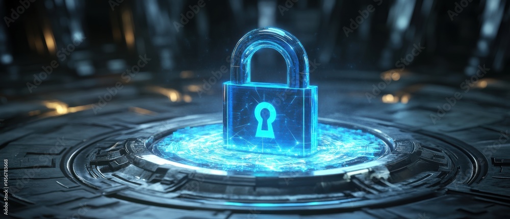 Poster digital security concept with glowing padlock representing data protection and cyber safety in futur
