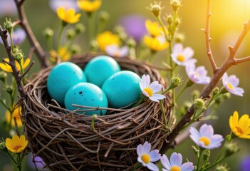 Obraz premium A beautiful nest with turquoise eggs surrounded by vibrant flowers