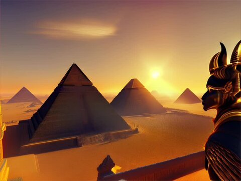 Ancient Egypt Sunset Over Pyramids with Anubis Statue &ndash; 3D Fantasy Scene