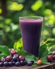Close-up of a glass of sloe berry smoothie on a wooden surface with green foliage in the background healthy drink