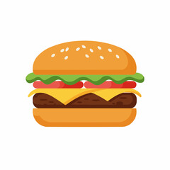 Burger illustration Sesame bun, patty, tomato, and lettuce on white background