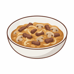 Hearty beef stew with mushrooms and onions in gravy, served in a bowl with brown trim