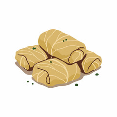 Stuffed cabbage rolls are stacked. Garnish of green herbs on top. Rich brown base