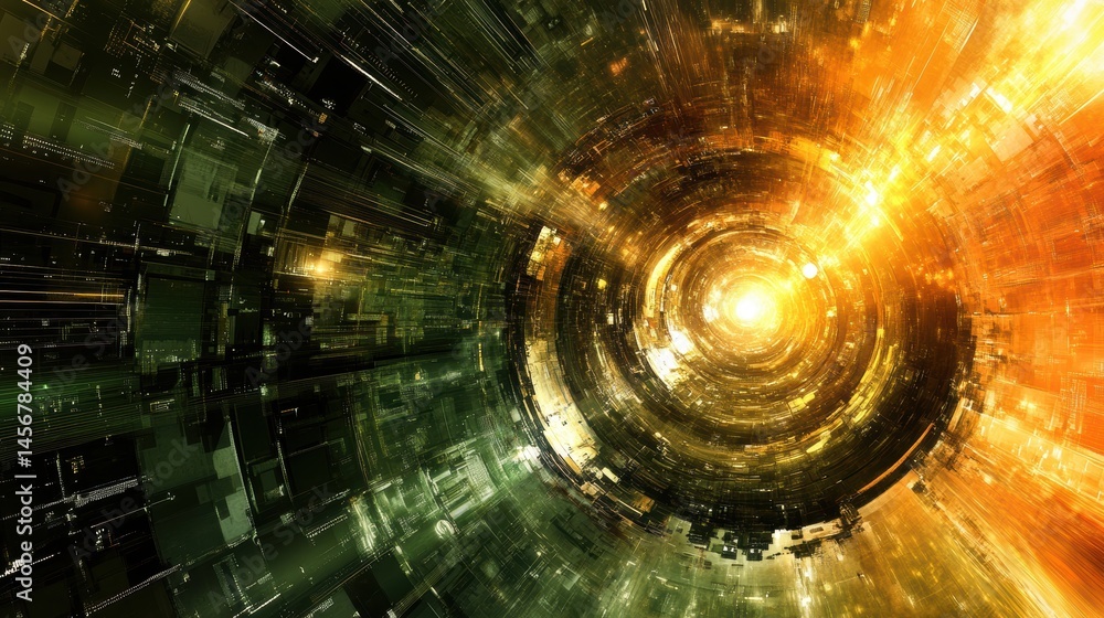 Poster abstract data stream tunnel with digital architecture and bright light source at end