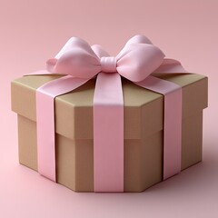 Obraz premium Pink bow on hexagon gift box, pastel background, present