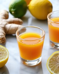 Fototapeta premium Close up of ginger shot with lemon lime and ginger root on marble surface wellness concept