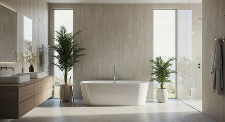 modern minimalist bathroom with spacious vanity, bathtub, sink and green potted plant. natural light from ceiling skylight. home decor, interior design, real estate.