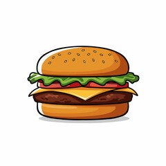 Cartoon-style hamburger, showing bun with seeds, green lettuce, and red tomato slice