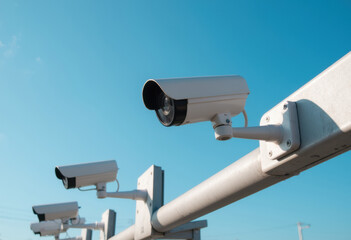 Security cameras mounted on a railing against a clear blue sky