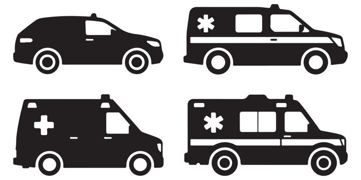 set of black ambulance icon, ambulance silhouette vector illustration-simple, outline coloring book page line art 