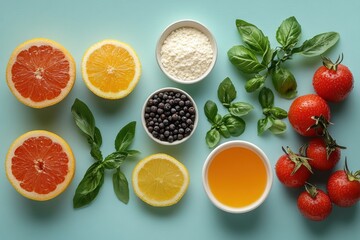 Bright fruits and herbs arranged beautifully on a soothing turquoise background