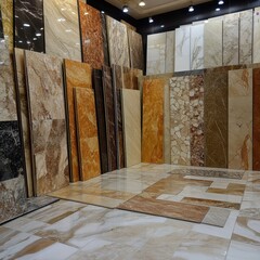 Assortment of Elegant Ceramic Tiles Displayed in a Showroom with Various Colors and Textures