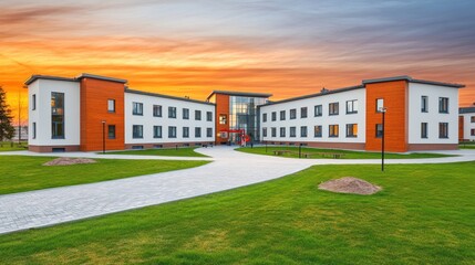 Fototapeta premium Modern Building Exterior at Sunset Wide Angle View of Architecture and Green Lawn in Residential Area with Walkway
