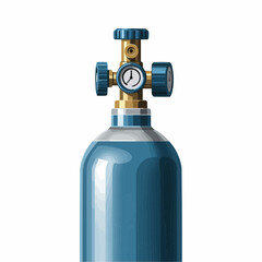 Oxygen cylinder and gauge; brass and blue fittings against a white backdrop