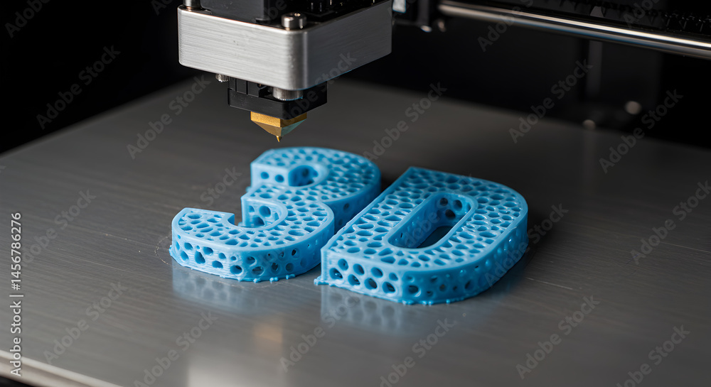 Poster 3d printer creating a light blue object on gray surface with black backdrop showcasing innovative te