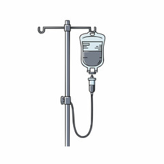 An isolated IV drip bag hangs from a stand on white background, drawing style illustration