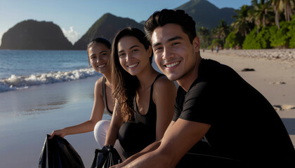 Enthusiastic group of people cleaning beach, smiling and holding colorful bags, surrounded by beautiful mountains and ocean waves. Their teamwork showcases commitment to environmental care