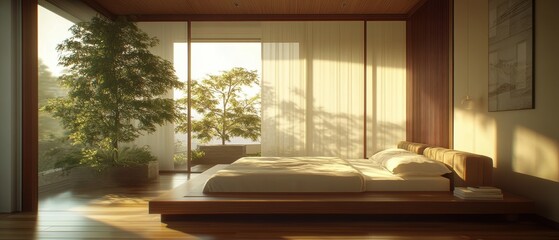 Serene Bedroom Interior with Nature View, Low Angle, Minimalist Style, Natural Light, Zen Atmosphere, Modern Design