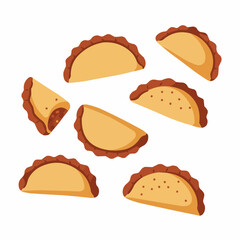 Several crescent shaped pastry scattered on a white surface in a random pattern