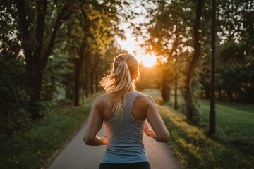Back view of young woman jogging alone in park