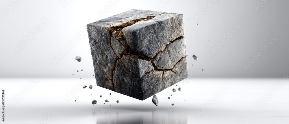 Poster a cracked stone cube floats above a reflective surface, surrounded by small debris and illuminated b