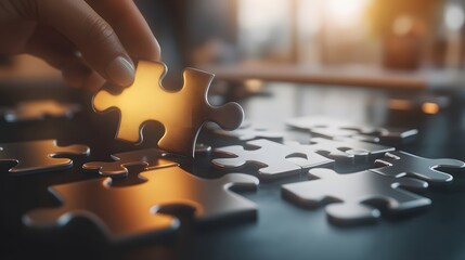 Hand placing a golden puzzle piece among metallic pieces.