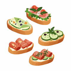 Variety of bruschetta, with tomatoes, cucumber, ham, cheese and other vegetables