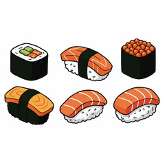An isometric image of sushi with fish and rice, seaweed and rice. Cartoon style