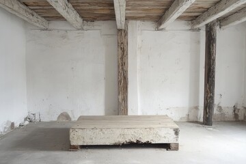 Empty, rustic interior space with a large, light-colored platform.
