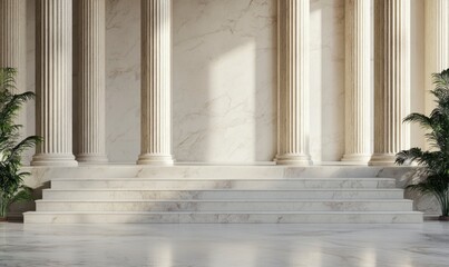 Obraz premium Elegant Marble Hall with Classical Columns and Lush Greenery