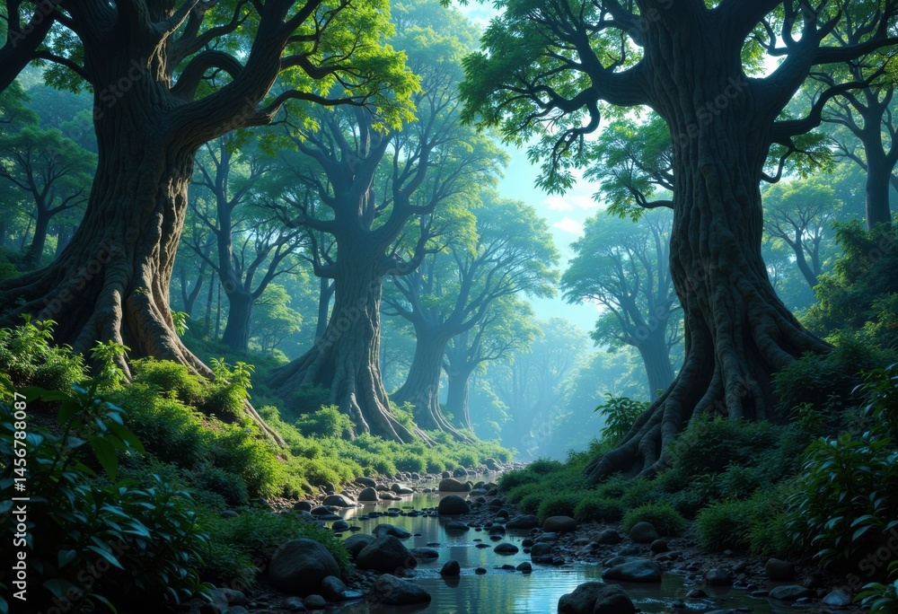 Poster lush green forest with towering trees and a serene stream flowing through