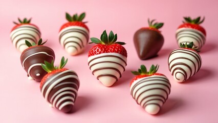 Fototapeta premium A group of chocolate covered strawberries on a pink surface.