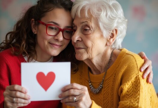 A young woman and an elderly woman share a heartfelt moment with a love card