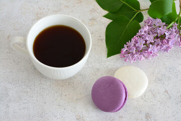 lilac branch in bloom with a cup of coffee and some biscuits