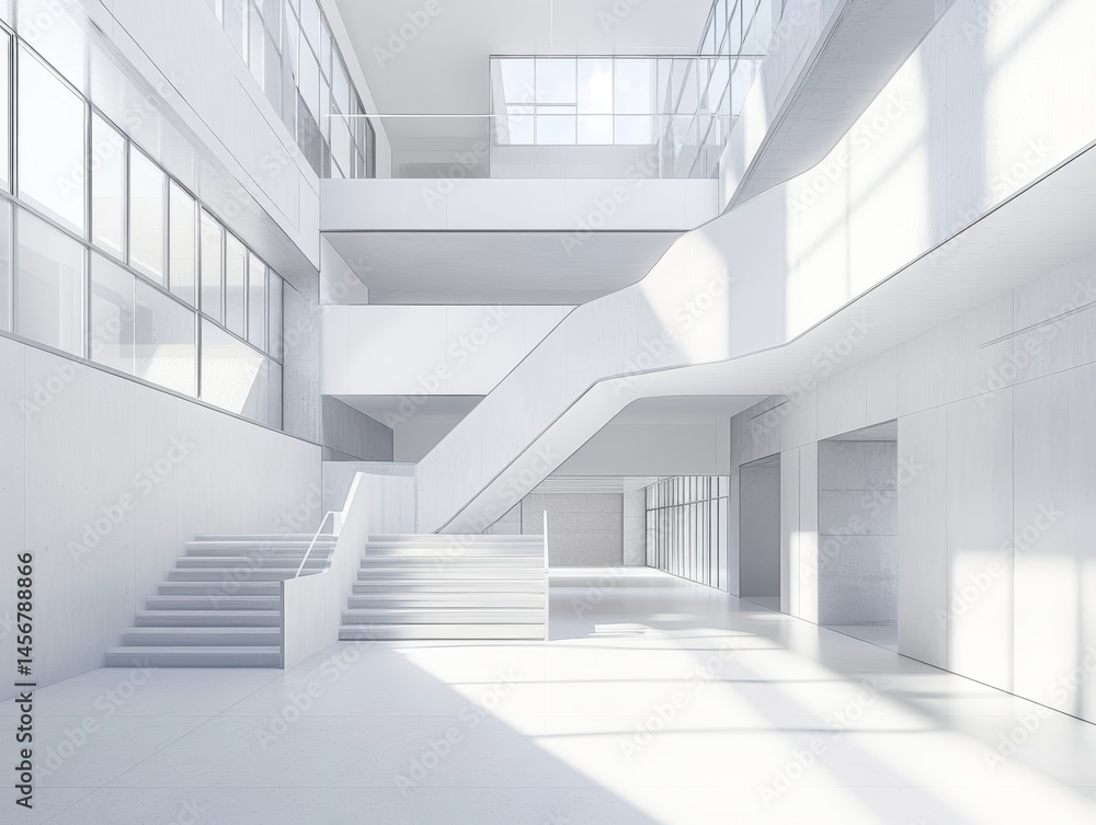 Poster interior view of modern building with white walls and stairs in minimalist style with sunlight shini