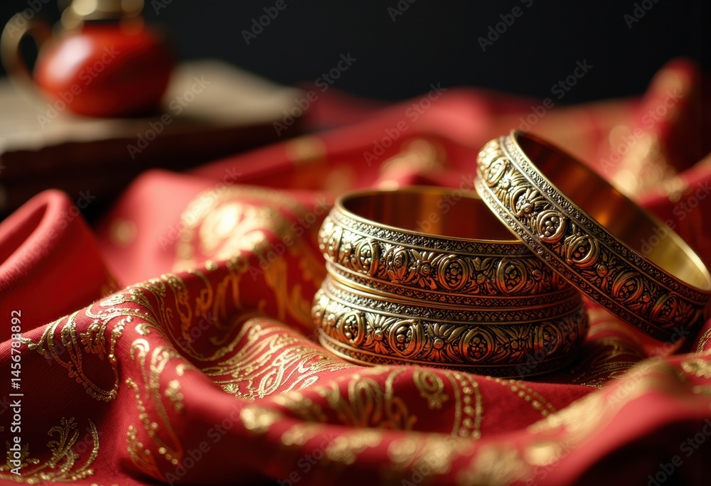 Poster elegant gold bangles resting on a rich red fabric with intricate patterns