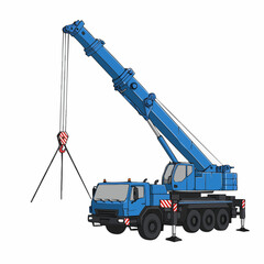 Blue crane arm extends, holding cables on a white backdrop. Illustration with line art