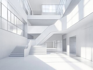 Obraz premium Interior view of modern building with white walls and stairs in minimalist style with sunlight shining through windows