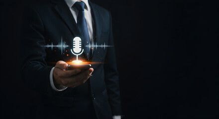 Businessman Using Voice Command on Smartphone for AI-Driven Virtual Assistant Technology