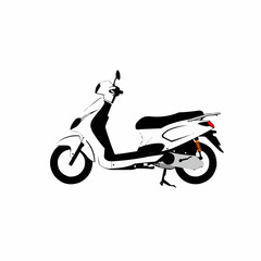 Stylized monochrome partial view of scooter featuring controls, seat, and lights