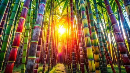 Fototapeta premium Lush Sugarcane Field with Tall Green Stalks and Striped Stems Under a Bright Sky at Sunrise with Warm Sunlight