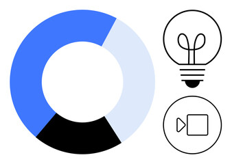 Minimalist pie chart in blue, black, and white, alongside light bulb and video camera icons. Ideal for data analysis, innovation, creativity, technology research education strategy. Flat simple