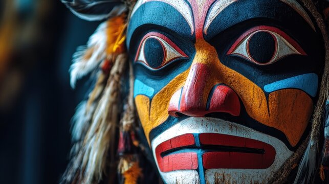 Close-up of a vibrant, painted mask.  Detailed, colorful design with bold lines and patterns