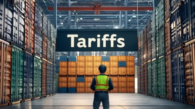 Warehouse worker analyzing impact of tariffs amidst rows of shipping containers