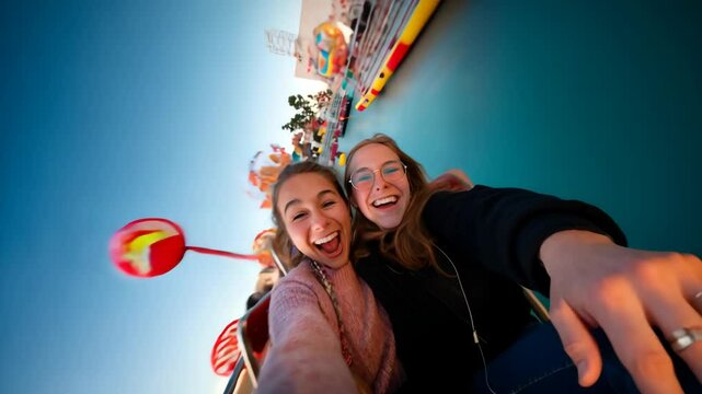 Two Excited Young Women Take A Selfie Video While Enjoying A Fast Spinning Amusement Park Ride