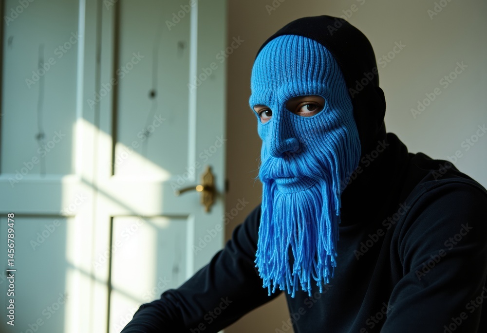 Poster a weird looking man wearing a blue mask with long fringes, creating a striking visual effect