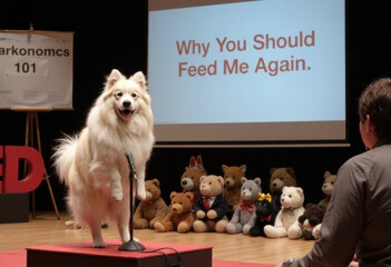 A fluffy dog stands on stage, presenting a humorous talk about food